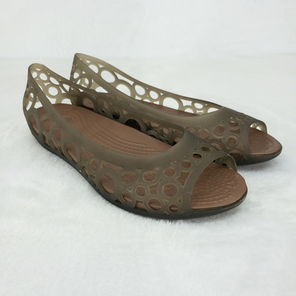 Crocs Adrina Flat Womens 8 Brown Laser Cutout Peep Toe Jelly Shoes